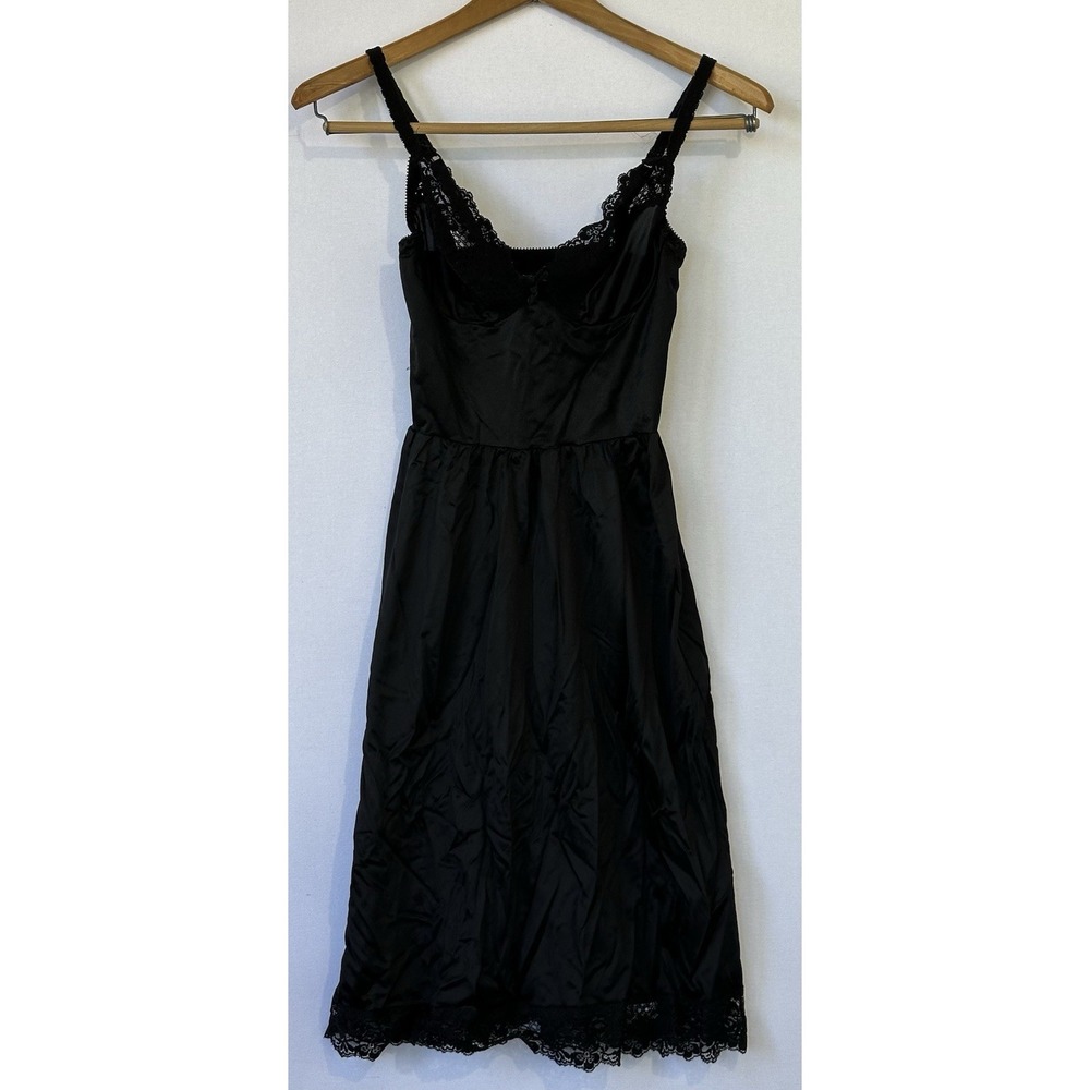 VTG Black Full Slip Retro Nylon Lace Sz 34 Small Made in USA